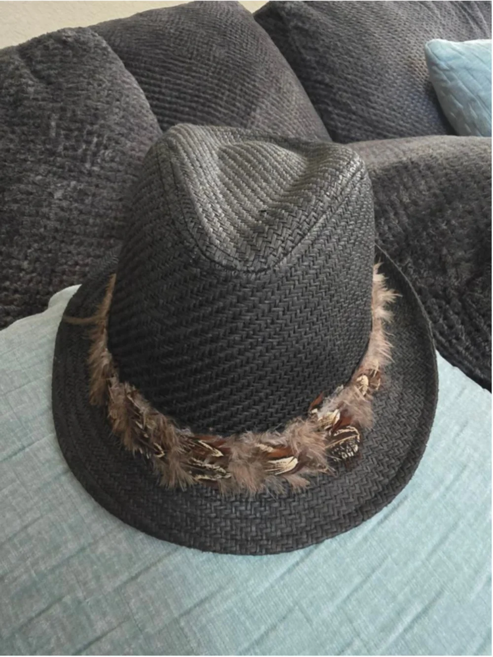 Accessory Collective Woven Charcoal Fedora Hat One Size with Brown Feather Band